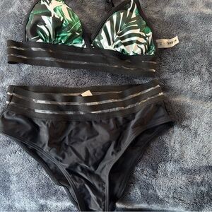 SHEIN Tropical Leaf Print Bikini in Black and Green